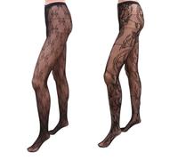 Collants Résille 2pcs Noir Rétro en Spandex pour Femme | Maille Jacquard Ajourée, Style Chic et Casual, Lot 1pc Nœud et 1pc Roue