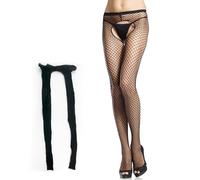 Collants Résille Femme Halloween Sexy Noir - Bas Fishnet Long pour Boîte de Nuit - Nylon Entrejambe Ouverte Cosplay