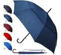 COLLAR AND CUFFS LONDON 95KPH Parapluie Canne Solide Homme Femme Automatique - Resistant au Vent Fort Robuste Tempete - De Marche - Poignée en Bois - Fibre de Verre - Toile Aérée - Bleu Marine