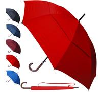 COLLAR AND CUFFS LONDON 95KPH Parapluie Canne Solide Homme Femme Automatique - Resistant au Vent Fort Robuste Tempete - De Marche - Poignée en Bois - Fibre de Verre - Toile Aérée - Rouge