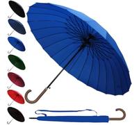 COLLAR AND CUFFS LONDON 95KPH Parapluie Canne Solide Tempete Homme Femme - 24 Baleines Resistant Vent Fort Automatique - Grande Taille XL - Poignée en Bois - Fibre de Verre - Bleu Azur