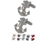 COLLAR AND CUFFS LONDON Boutons de Manchette - avec Boîte - pour Homme Nautique - L'ancre du Navire - Laiton - Couleur Argent - Rond Nautique Bateau Voile Marine Yacht - Une Paire