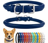 CollarDirect Collier en Cuir roulé pour Chien et Chat - Rembourré - Rond - Fait à la Main - en Cuir véritable - Noir, Rose, Rouge, Violet, Bleu (pour Cou de 30,5 à 35,6 cm, Bleu foncé)