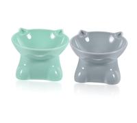 COLLBATH 2pièces Bol De Nourriture Élevé pour Chat Plastique avec Protection du Cou Design Incliné pour Et Chiens Anti-Renversement Bleu-Gris Vert