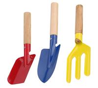 COLLBATH Lot de 3 Outils de Jardinage à Main Manche en Bois - Pelle Pointue Bleue, Pelle Carrée Rouge et Fourche à Trois Dents - Truelles de Transplantation Robustes pour Jardinage,