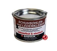Colle professionnelle pour cuir et semelles de chaussures, boîte de 350 gPermet un collage étanche et élastique de bricolages, chaussures, semelles de chaussure et de toutes sortes d’objets en cuir, PVC, caoutchouc, liège, métal ou céramique. Colle pour cuir.La colle parfaite de la marque Bindulin.