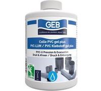 Colle PVC GEB Gel Plus 1 L anti-goutte pour tubes rigides Blanc avec étiquette bleue et blanche