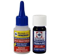 Colle Repar-ex 20g + Primaire 15ml | Colle Extra Forte pour Plastiques Difficiles | Universelle Métal, Bois, Caoutchouc | Kit Complet avec Embouts et Pipettes | Fabriqué en Allemagne