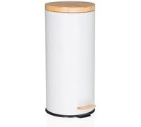 hjh OFFICE Poubelle 30 litres, Poubelle à pédale avec couvercle en bambou, Softclose CLEAN BAMBOO Poubelle métallique avec seau intérieur, Blanc mat
