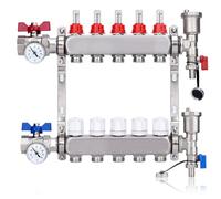 Collecteur Chauffage au Sol 5 Circuits, avec Vannes 1", Thermomètre, Inox | Raccord pour Eurocône 3/4 | 30×1,5mm, avec Purgeur Manuel et Débitmètre, Collecteur de Plancher Chauffage au Sol Distributeur