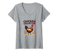 Collecteur d'œufs de Coq Amusant pour Amateurs de Ferme T-Shirt avec Col en V, Femme, Gris Chiné, S