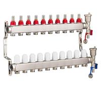 Collecteur plancher chauffant en inox 10 circuits avec débitmètres - Entraxe 50 mm - Alimentations femelle 1" (26x34) - Sorties mâle 3/4 (20x27) Eurocône - Acier inoxydable - NOYON & THIEBAULT