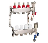 Collecteur plancher chauffant en inox 4 circuits avec débitmètres - Entraxe 50 mm - Alimentations femelle 1" (26x34) - Sorties mâle 3/4 (20x27) Eurocône - Acier inoxydable - NOYON & THIEBAULT