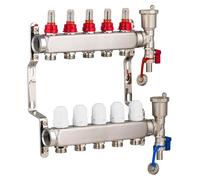 Collecteur plancher chauffant en inox 5 circuits avec débitmètres - Entraxe 50 mm - Alimentations femelle 1" (26x34) - Sorties mâle 3/4 (20x27) Eurocône - Acier inoxydable - NOYON & THIEBAULT