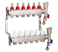 Collecteur plancher chauffant en inox 6 circuits avec débitmètres - Entraxe 50 mm - Alimentations femelle 1" (26x34) - Sorties mâle 3/4 (20x27) Eurocône - Acier inoxydable - NOYON & THIEBAULT