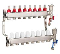 Collecteur plancher chauffant en inox 8 circuits avec débitmètres - Entraxe 50 mm - Alimentations femelle 1" (26x34) - Sorties mâle 3/4 (20x27) Eurocône - Acier inoxydable - NOYON & THIEBAULT
