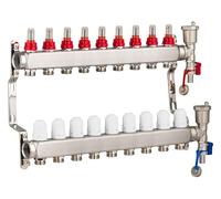 Collecteur plancher chauffant en inox 9 circuits avec débitmètres - Entraxe 50 mm - Alimentations femelle 1" (26x34) - Sorties mâle 3/4 (20x27) Eurocône - Acier inoxydable - NOYON & THIEBAULT