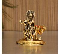 Collectible India Statuette de Vache du Seigneur Krishna - Murti Krishan avec Le Dieu Hindou Kamdhenu - Pièce d'exposition Religieuse