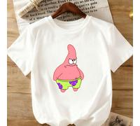 Collection Bob l'éponge printemps/été 2025. T-shirt femme uni, minimaliste et à manches courtes, à col rond et à imprimé graphique. Patrick l'étoile de mer (l'étoile de mer rose de Bob l'éponge, vêtu