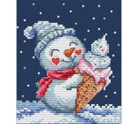 Collection D'Art Kit de broderie au point de croix compté Bonhomme de neige Crème glacée BC8131 Aida bleue 14 carats Fils DMC 11 × 12,5 cm