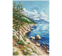 Collection D'Art Kit de broderie au point de croix compté Descent to Azur Lake - Motif paysage naturel - Aida blanche 14 carats - Fils DMC - Niveau moyen