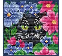 Collection D'Art Kit de broderie au point de croix compté Motif chat parmi fleurs Bleu Aida 14 carats Fil DMC 12,5 x 12,5 cm Tableau numérique BC8132