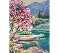 Collection D'Art Kit de broderie au point de croix compté Motif lac rose fleur paysage nature Toile Aida blanche 14,5 x 22 cm Fils DMC Niveau moyen BC8139