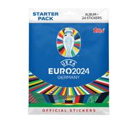 Collection d'autocollants Euro 2024 Topps - Pack de d?marrage avec 24 autocollants et album de 88 pages.