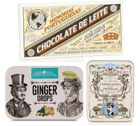 Collection de bonbons et chocolats portugais : pastilles aux herbes 50 g, pastilles au gingembre et tablette de chocolat au lait premium 100 g.