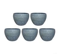 Collection de cinq pots ronds en fausse pierre avec trous de drainage, pour jardin, terrasse ou décoration intérieure, bon drainage de l'eau et circulation de l'air