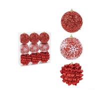 Collection de décorations de Noël 9 pièces avec boules rouges pailletées et éléments de nœud, construction en plastique avec cordes de suspension pour arbre et couronne (1)