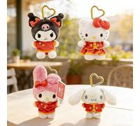 Collection de porte-clés en peluche de style costume Tang des personnages Sanrio pour le Nouvel An - Hello chat/Kuromi/Cinnamoroll/My Melody 4 styles, design de costume Tang col Mao rouge, mousqueton