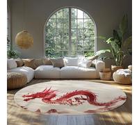 Collection Tapis de dortoir Rond Beige avec Pinceau Dragon Oriental Rouge Art Design Non-mue Nettoyage Facile pour Les Zones à Fort trafic dans Le Salon et la Chambre à Coucher 100cm