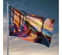College Dorm Decor Funny A Cozy Porche With Flowers, Chairs And A Dog Overlooking A Beautiful Sunset By The Sea. Flag College Room Sign Drapeaux pour hommes (60 x 90 cm)