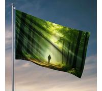 College Dorm Decor Funny A Person Walks Down A Sunlit Forest Path. Drapeau de chambre d'université pour homme (152 x 244 cm)