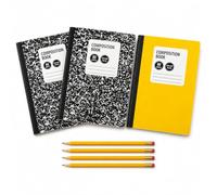 College Ruled Composition Notebook Set with Pencils, 3 Pack 80 Sheet Notebooks, 2 Black Marble and 1 Yellow, 4 Wood Pencils, Back to School Supplies Bundle