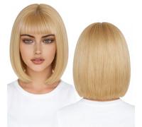 Collenatsy Perruque courte avec frange pour femme, 30 cm, synthétiques, résistantes à la chaleur, coupe carrée, aspect naturel, colorée, pour cosplay, quotidien, fête (doré clair)