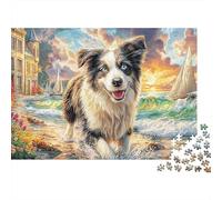 Collie frontière 1000 Piece Sturdy Cardboard Family Art des Chiots côtiers Puzzle Holiday Activity Party Game Gift Mind Relaxation for Puzzle Collectors 52x38cm/1000pcs