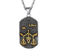 Collier 12 Constellations Homme Acier Inoxydable-Pendentif Plaque Militaire Zodiaque Balance Plaqué Or et CZ en Strass avec Chaîne Ajustable 55 à 60cm,Cadeau Anniversaire pas Cher pour Hommes Garçons
