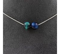 Collier avec 2 perles bleu clair en oeil de tigre 8 mm, chaîne en acier inoxydable