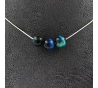 Collier 3 perles Oeil de Tigre bleu clair 8 mm chaîne inox - A Bijoux Bleu G