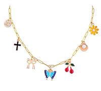 Collier à breloques en or pour femme en acier inoxydable plaqué or 18 carats - Collier ras du cou bohème délicat en forme de papillon, coquillage, fleur, croix, cerise, nœud, 16