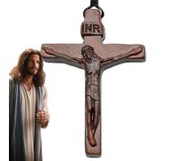 Collier à breloques vintage en forme de crucifix - Pendentif en bois - Texture grain naturel - Chaîne réglable - Structure légère - Poli lisse - Style religieux unique ou