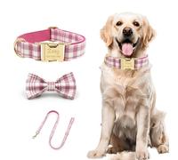 Collier à Carreaux Personnalisé avec Nœud et Laisse avec Nom et Numéro de Téléphone de L'animal Gravés sur la Boucle en Métal pour Petits, Moyens et Grands Chiens (Pink)