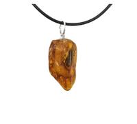 Collier - Ambre - AB - Pendentif en pierre roulée - Cordon en coton ciré - Métal argenté sans nickel