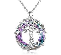 Collier Arbre De Vie avec Cristal Brillant, Bijou D'amitié Féminin, Pendentif en Coquillage D'ormeau, Bijou Arbre Généalogique for Maman, Fille, Sœur, Filles, Cadeaux De Noël(Silver-Purple Crystal)