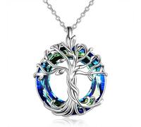 Collier Arbre De Vie avec Cristal Brillant, Bijou D'amitié Féminin, Pendentif en Coquillage D'ormeau, Bijou Arbre Généalogique for Maman, Fille, Sœur, Filles, Cadeaux De Noël(Silver-Blue Crystal)
