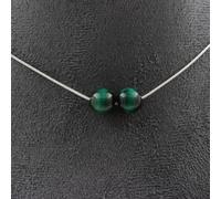 Collier avec 2 perles vertes en oeil de tigre 8 mm, chaîne en acier inoxydable