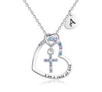 Collier avec croix pour filles | Collier « I am a child of God » pour filles | Collier avec pierre de naissance en forme de cœur | Collier avec initiale en forme de cœur | Pendentif plaqué or blanc 18