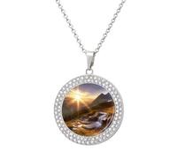 Collier avec image personnalisée de paysage de lever de soleil - Collier avec chaîne circulaire de 50,8 cm - Pendentif rond - Collier photo commémoratif pour la Saint-Valentin, One size, Acier titane